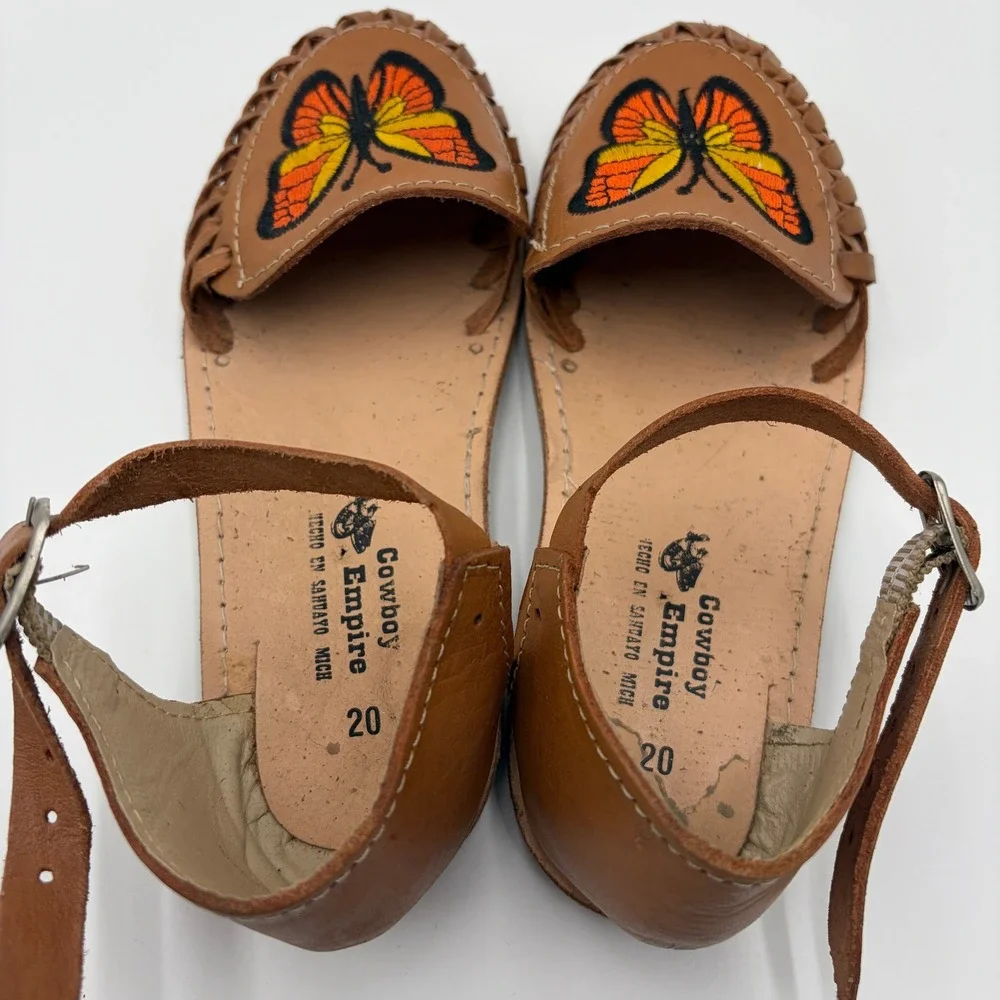 Cowboy Empire Kids Leather Butterfly Embroidered Huarache Sandals Tan Size 20